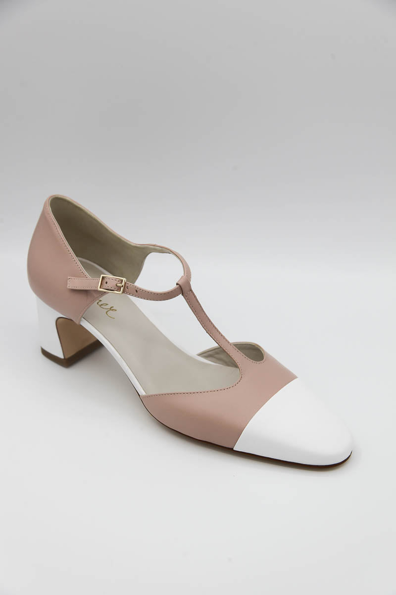 Scarpa bicolore rosa e bianco con tacco